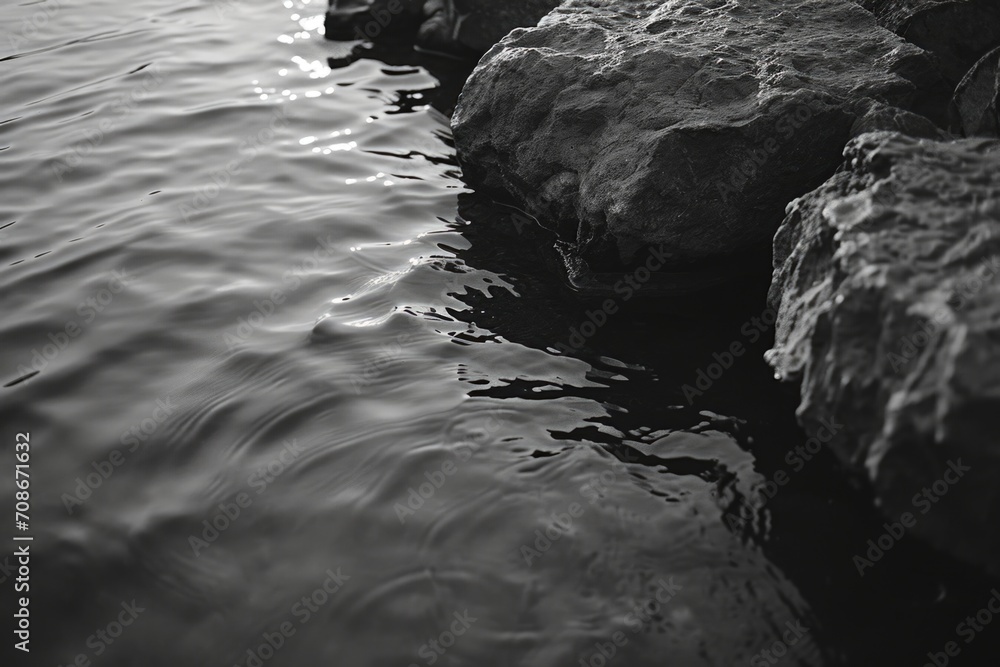Poster a black and white photo depicting rocks submerged in water. suitable for various uses