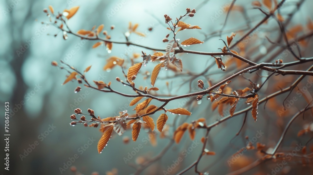 Aufkleber A close up view of a tree branch covered in water droplets. This image can be used to depict the beauty of nature and the tranquility of a rainy day