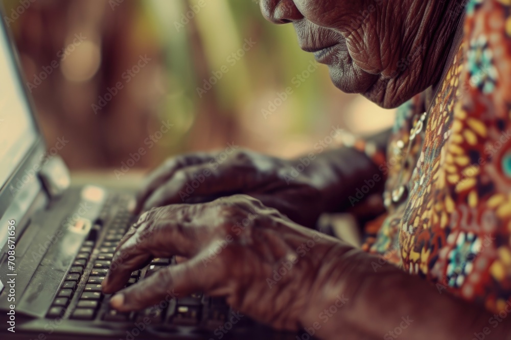 Poster an old woman using a laptop computer. suitable for technology-related projects