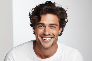 Generative AI crafts diverse descriptions for a studio portrait: Handsome young Caucasian man, perfect teeth, joyously laughing, against a white backdrop