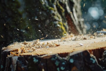A piece of wood being cut with a chainsaw. Suitable for woodworking projects and construction themes