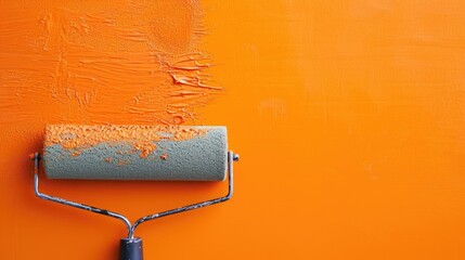A roller of paint is seen on an orange wall. This image can be used for various design and renovation projects