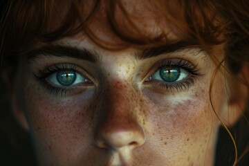 A close-up view of a woman's face showing her beautiful freckles. This image can be used to portray natural beauty and diversity
