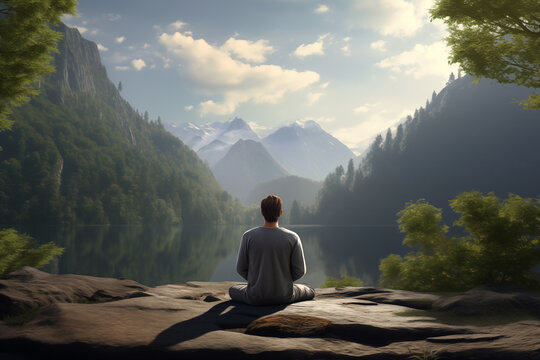 Realistic Image of a Man Practicing Mindfulness and Meditation in a Tranquil Natural Environment - Captured with Sony A7s for Exceptional Detail and High-Design Realism Serenity in Ultra HD