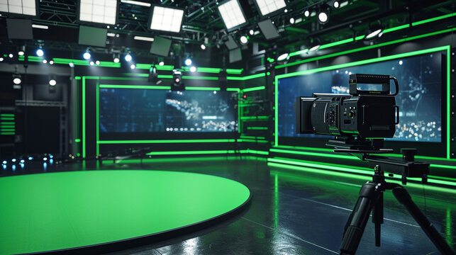 A virtual TV studio set with a green screen background is a versatile and cost-effective way to create realistic and engaging video content. ai generated.
