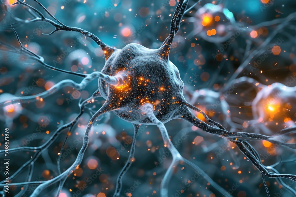 Poster A detailed close-up view of a neuron's brain, showcasing its intricate structure and connections. This image can be used to illustrate neuroscience, neurology,