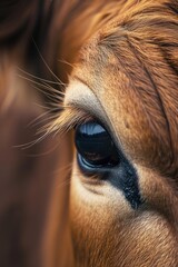 A close-up view of a brown horse's eye. Can be used for animal-themed designs or to convey a sense of connection and beauty in nature