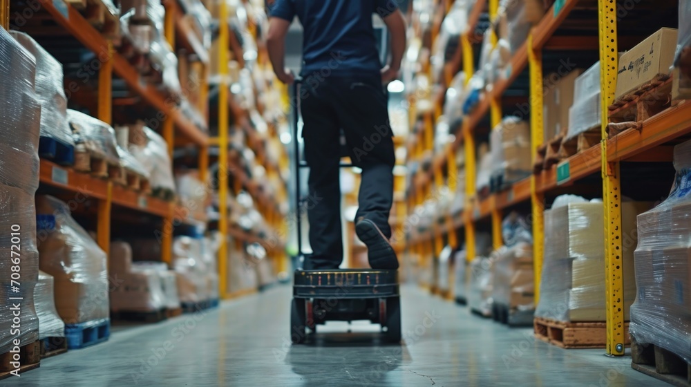 Poster a man is seen walking on a dolly in a warehouse. this image can be used to depict warehouse operatio