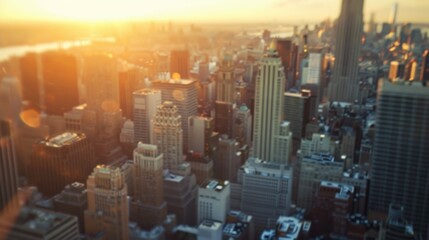 A stunning aerial view of a city bathed in the warm glow of a sunset. Perfect for illustrating...