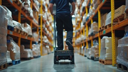 Fototapeta premium A man is seen walking on a dolly in a warehouse. This image can be used to depict warehouse operations or transportation within a warehouse setting