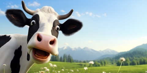 Cow looking surprised from side at farm pasture big eyes and horns cartoon moo 3d rendering funny illustrated cattle animal generative ai - obrazy, fototapety, plakaty
