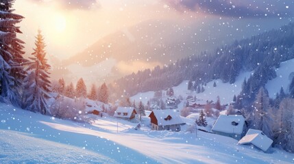 A picturesque scene of a snow-covered mountain with houses and trees. Suitable for various uses