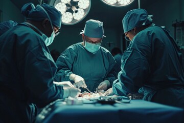 Surgeons performing a surgical procedure in a sterile operating room. Ideal for medical and healthcare-related designs