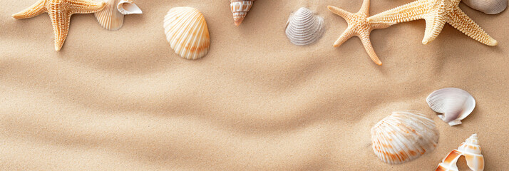 Fototapeta na wymiar Summer vacation. Flat lay with space for text. Top view of a sandy beach with seashells and starfish as natural textured background for summer design.