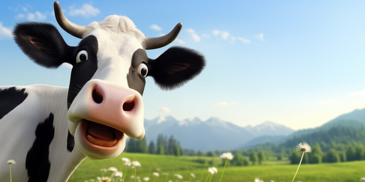 Cow looking surprised from side at farm pasture big eyes and horns cartoon moo 3d rendering funny illustrated cattle animal generative ai