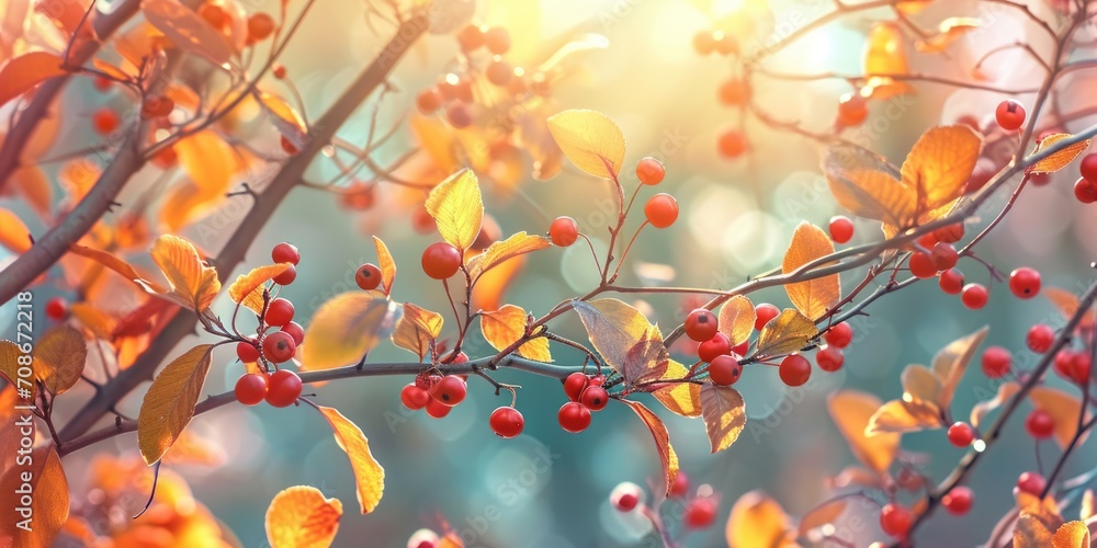 Poster a close-up view of a bunch of berries growing on a tree. perfect for nature-themed designs and illus