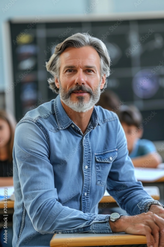 Poster a man sitting at a desk in a classroom. suitable for educational and academic concepts