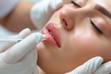 A close-up image capturing the process of a lip injection. This image can be used to showcase cosmetic procedures and beauty enhancements - obrazy, fototapety, plakaty