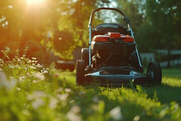A lawn mower is parked in the grass. Suitable for landscaping and gardening themes