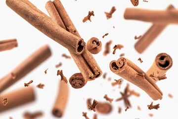 Cinnamon sticks soaring through the air, capturing the essence of movement and spice. Ideal for food blogs, recipe websites, or any content related to cooking and flavor