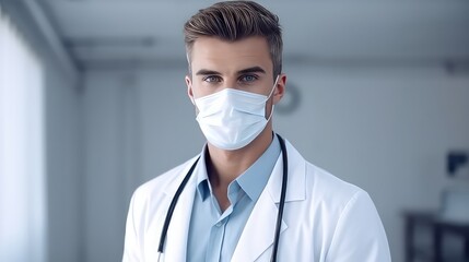 Fototapeta na wymiar Portrait of young male doctor in mask looking at camera in hospital