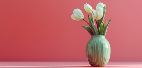 tulip flowers in a green vase on a pink background - Powered by Adobe