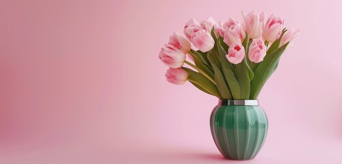 tulip flowers in a green vase on a pink background