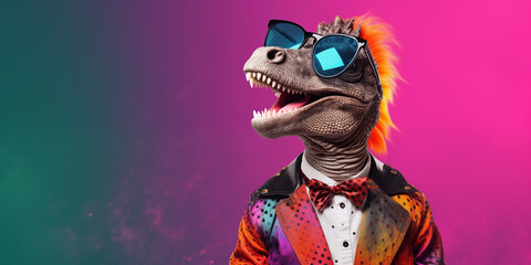 Punk Rock Colorful Dinosaur T-rex tyrannosaurus  Animal Vibrant Bright and Fashionable Cool Group Outfit and Background Sunglasses Banner Advertisement Fun Creative Birthday Invitation generative ai