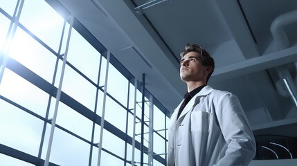 Portrait of a young male doctor in a white coat standing in a modern office