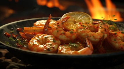 Flaming hot plate of shrimp