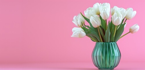 Fototapeta premium tulip flowers in a green vase on a pink background