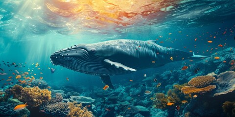 blue whale swims underwater in the ocean Generative AI - obrazy, fototapety, plakaty