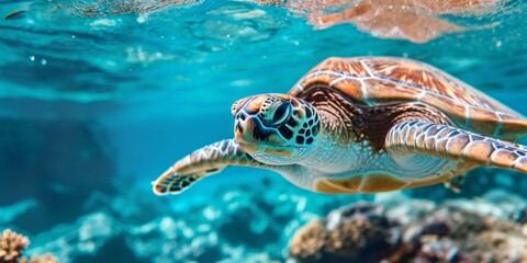 a large turtle swims underwater in the ocean Generative AI