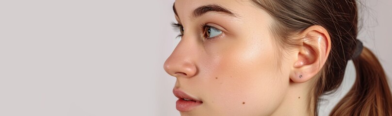 young girl with clear skin in profile on a Light background close-up Generative AI