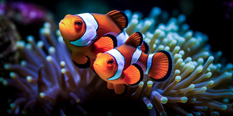 Symbiosis of a couple of ocellaris clownfishes (Amphiprion ocellaris) and an anemone