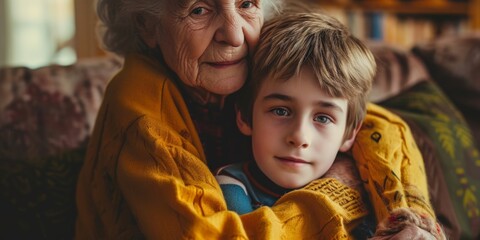 grandmother hugs her grandson close-up Generative AI