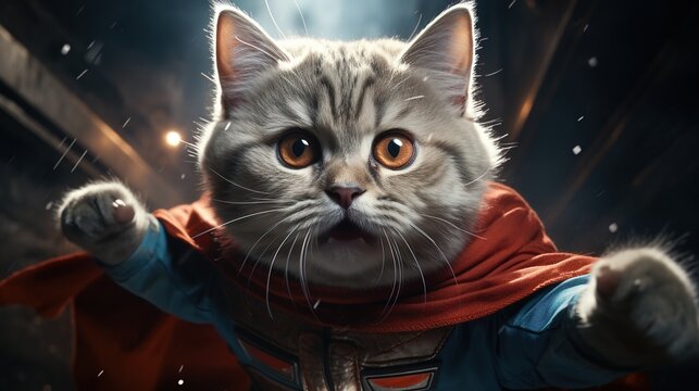 A cute cat wearing a superhero costume is flying through the air