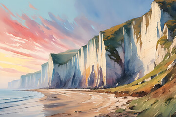 Watercolor painting of the chalk cliffs of south England at dawn - obrazy, fototapety, plakaty