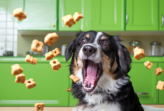 composite image of a cute dog catching treats in a kitchen