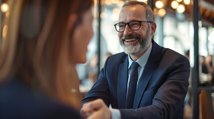 Fototapeta premium Smiling middle aged business man handshaking partner making partnership collaboration agreement at office meeting, hr manager and new worker shake hands recruiting at job interview. Welcome onboarding