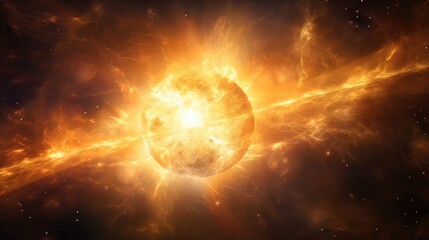 The sun in space, a flash in the sun, bright flashes in the sun, Orange rays in space.