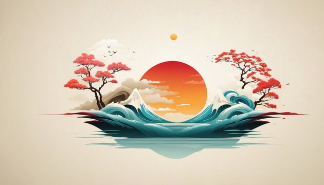 Traditional Chinese painting. landscape with hills, sakura trees and red sun. AI generated