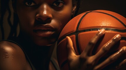 Close-up intensity, basketball player gripping ball with determination, sweat detail, sports and...