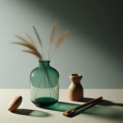 Minimalistic still life with green glass vase