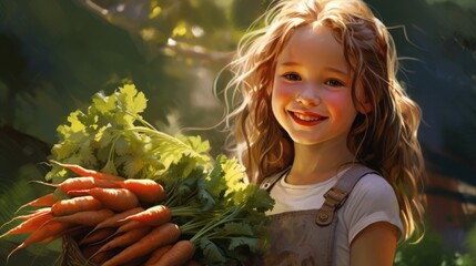 Young gardener in sunlight, beaming with a fresh harvest of carrots. Healthful living and growth. - obrazy, fototapety, plakaty