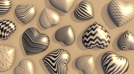 3D black and white hearts on a light background. Concept for Valentine's Day.