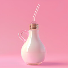 Glass bulb bottle of milk on pink background. Creative drink pink composition.