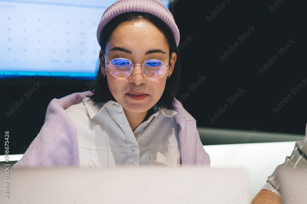 Poster asian female it professional in optical spectacles for provide vision correction browsing web inform