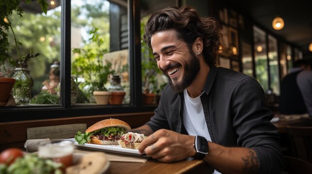 Happy man eating a delicious vegan burger in a restaurant