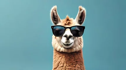 Foto op Canvas llama with a background,Creative animal concept. Llama in sunglass shade glasses isolated on solid pastel background, commercial, editorial advertisement, surreal surrealism © azi
